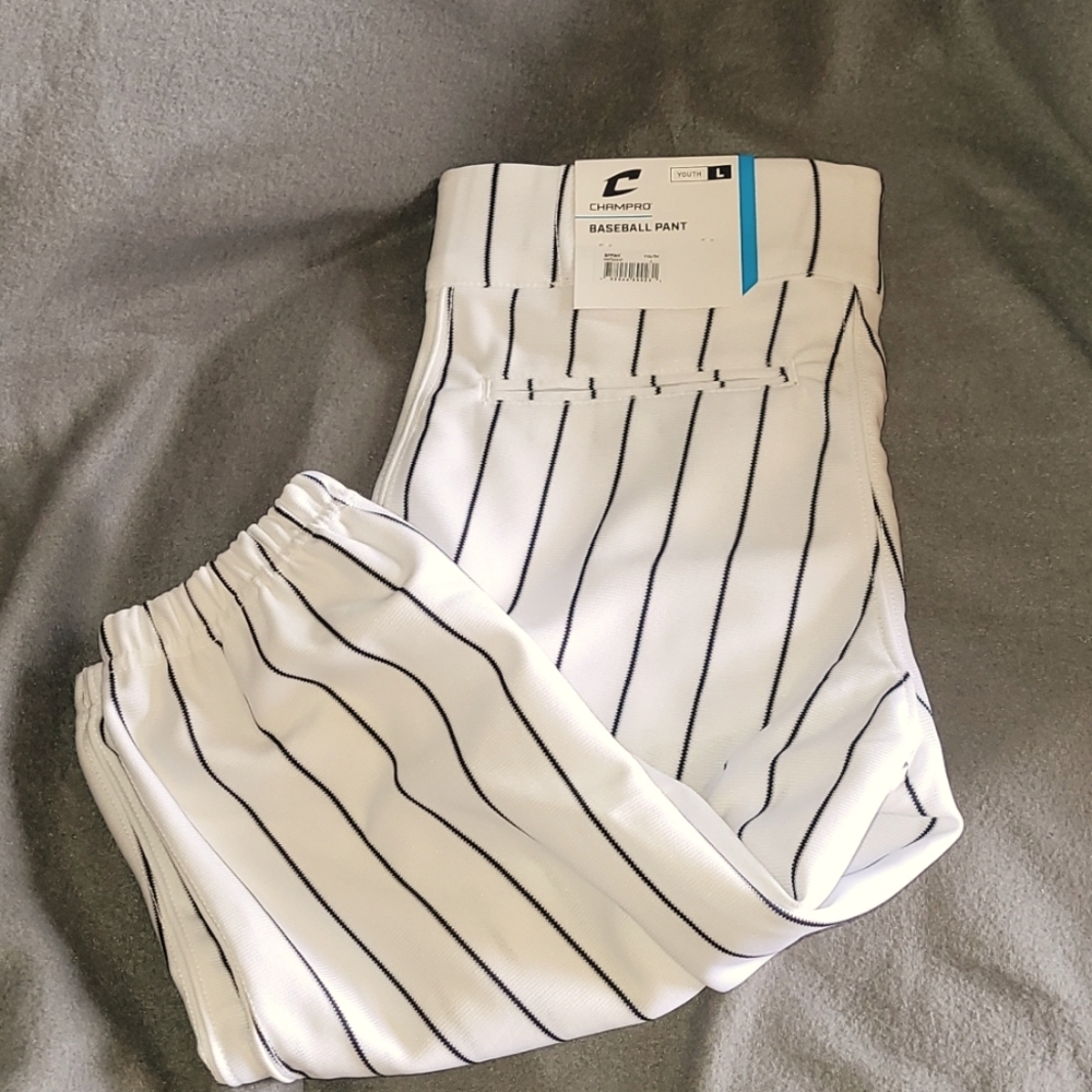 White and Navy pinstriped youth baseball pant-knickers knee length